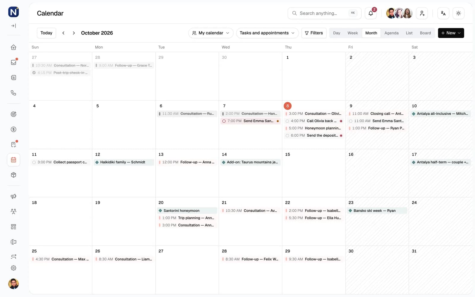 The Engage calendar for October: consultations, follow-ups and trips for the team, by day.