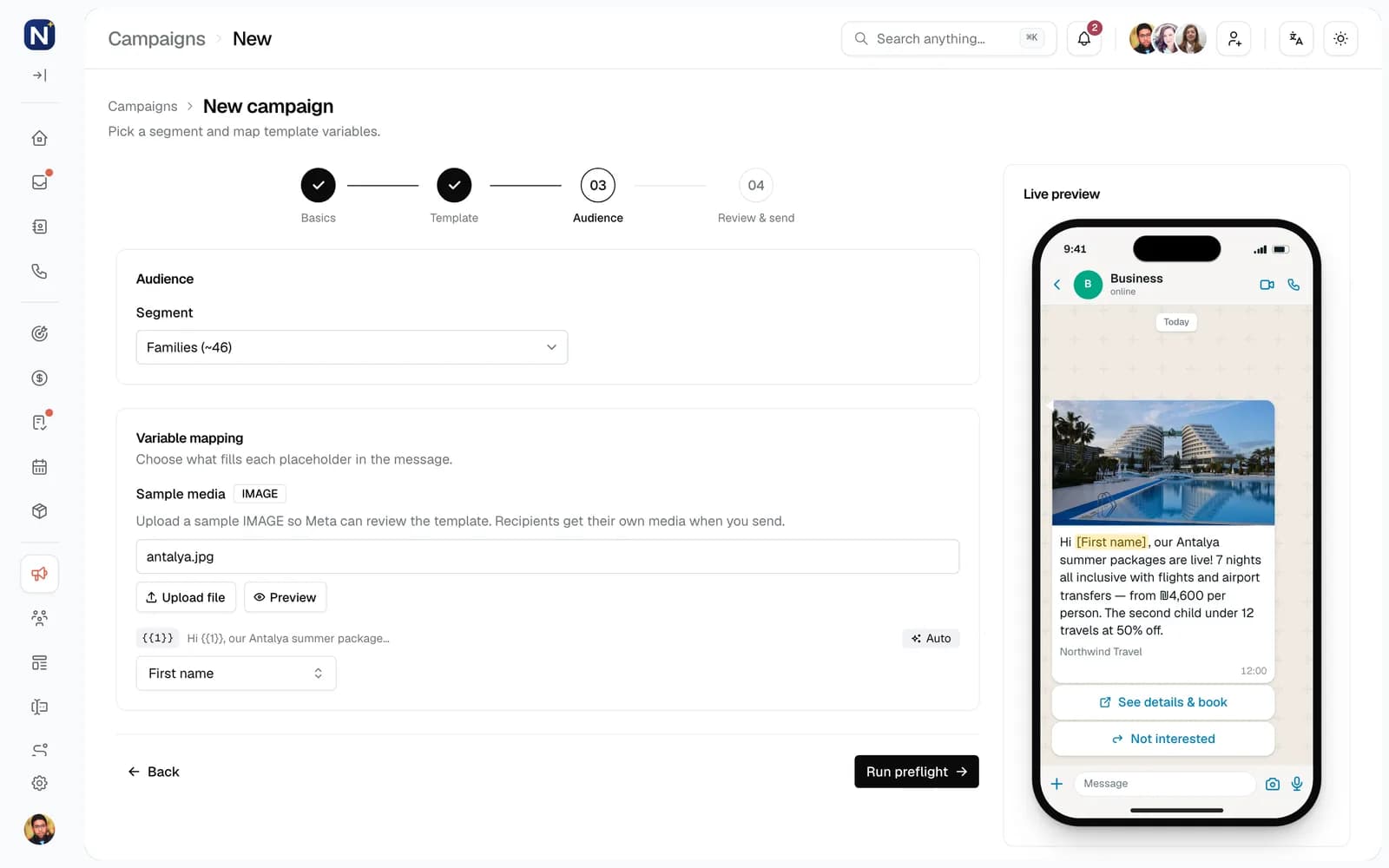 Engage campaign step 2: Choose a segment and map each variable to contact data