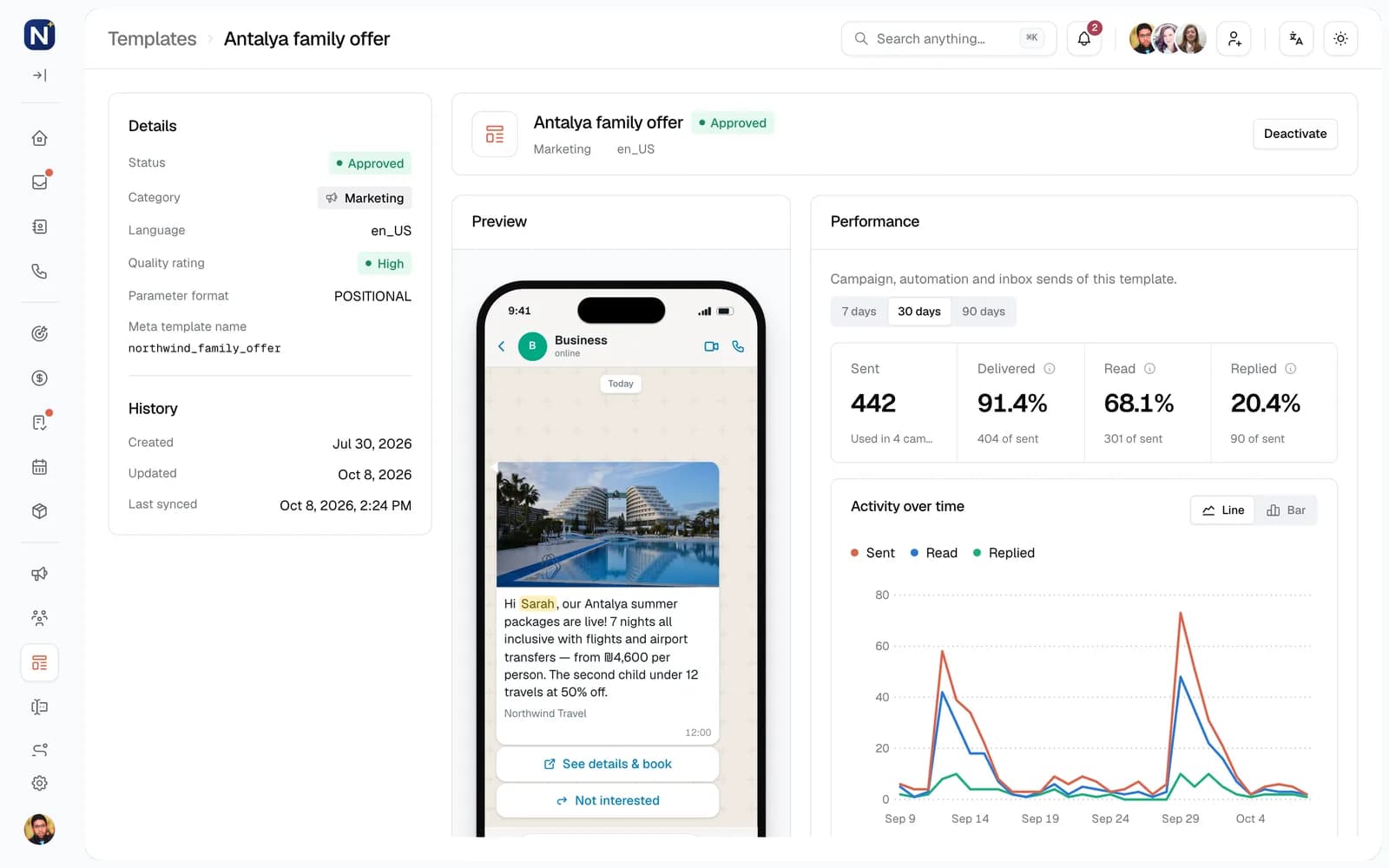 Engage campaign step 1: Pick an approved WhatsApp template, with a live phone preview