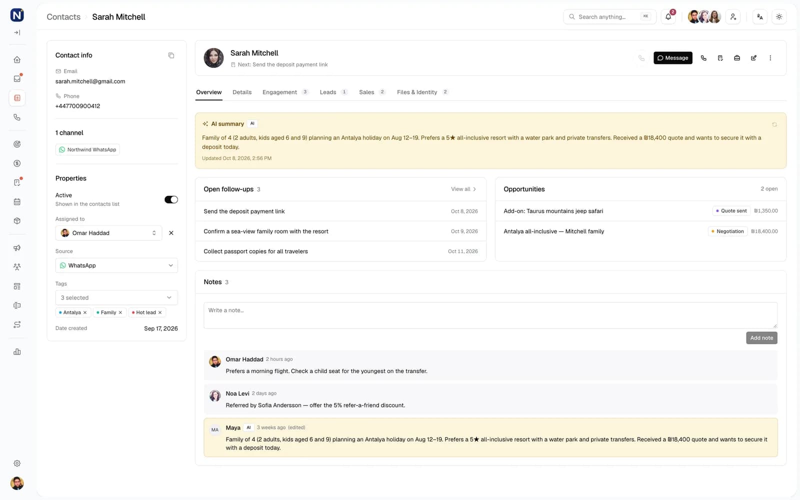 A contact in Engage: details, AI summary, open follow-ups, deals and team notes.