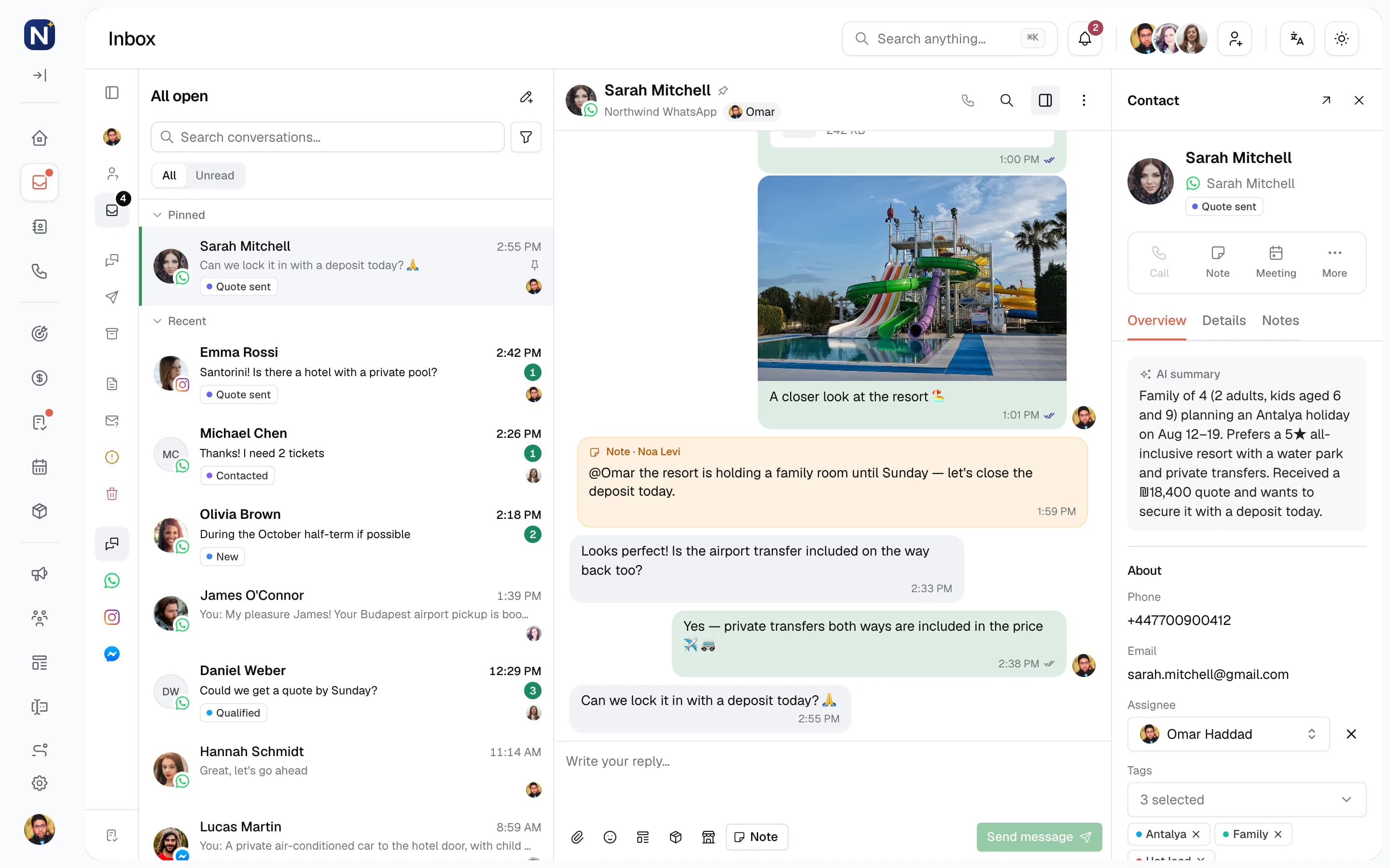 The Engage inbox: the conversation list with pinned and recent threads, and an open WhatsApp conversation with an internal note.