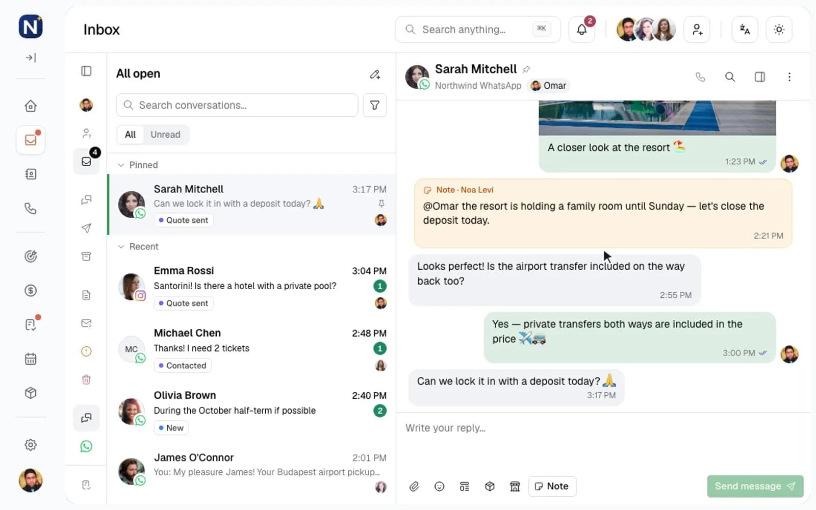 The Engage inbox: the conversation list, an open WhatsApp thread with an internal note, and the reply box.